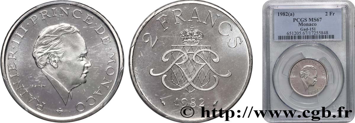 MONACO - PRINCIPALITY OF MONACO - RAINIER III 2 Francs  1982 Paris MS67 PCGS