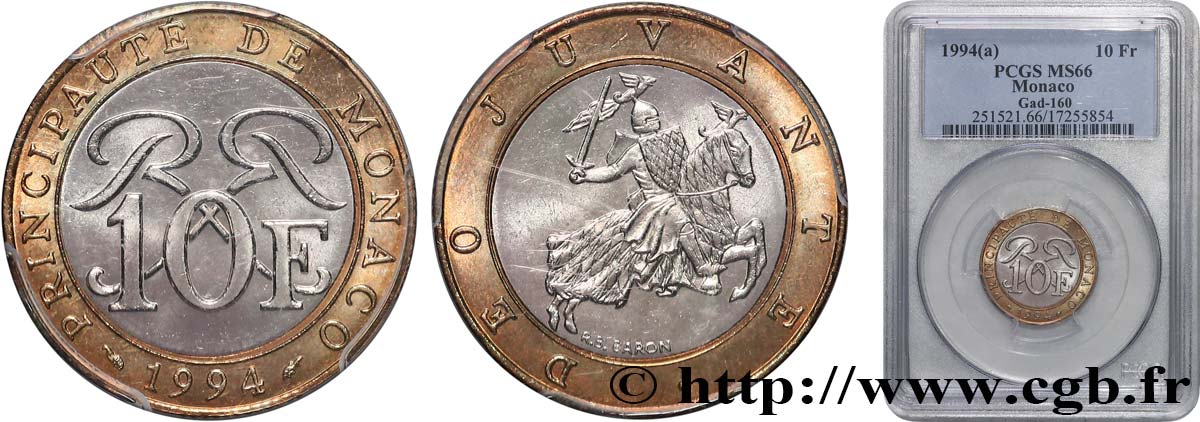 MONACO - PRINCIPAUTÉ DE MONACO - RAINIER III 10 Francs  1994 Paris FDC66 PCGS