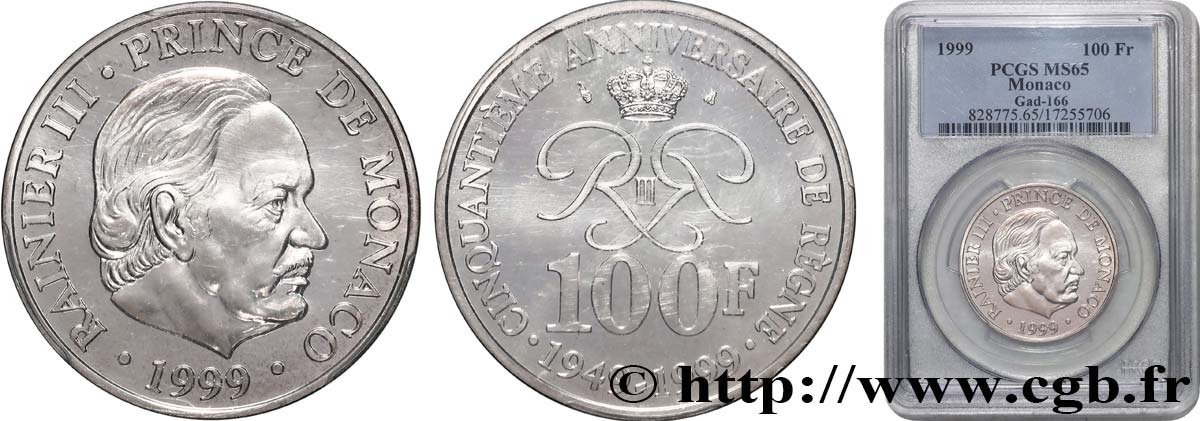 MONACO - FÜRSTENTUM MONACO - RAINIER III. 100 Francs Rainier III 50e anniversaire de règne 1999 Paris ST65 PCGS