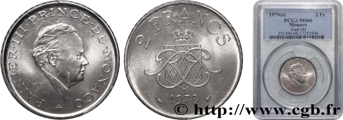 MONACO - PRINCIPALITY OF MONACO - RAINIER III 2 Francs  1979 Paris MS66 PCGS