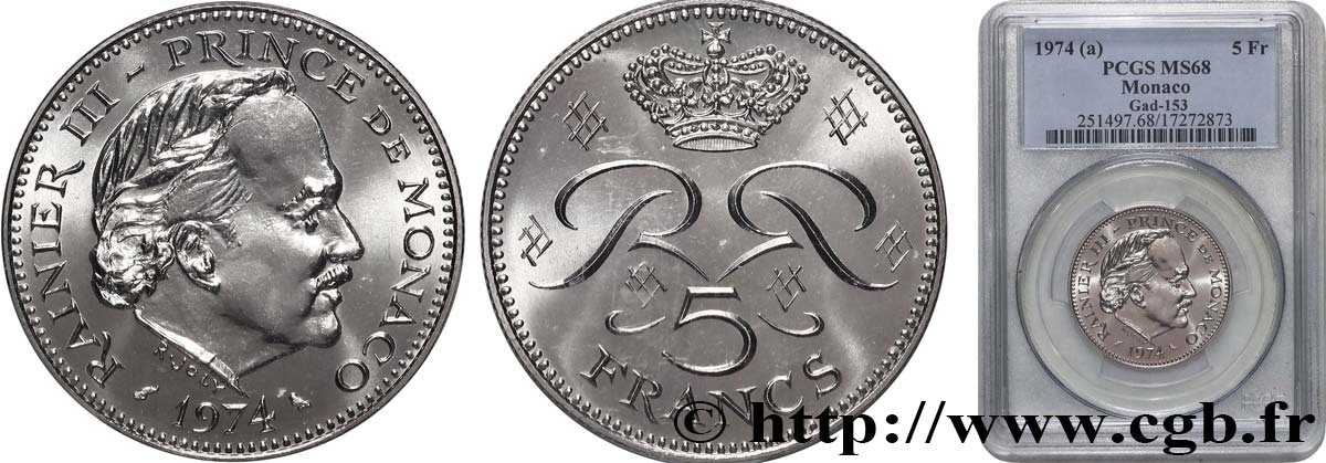 MONACO - FÜRSTENTUM MONACO - RAINIER III. 5 Francs  1974 Paris ST68 PCGS