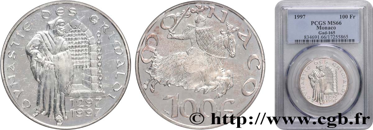 MONACO - PRINCIPAUTÉ DE MONACO - RAINIER III 100 Francs 700e anniversaire de la dynastie des Grimaldi 1997 Paris FDC66 PCGS