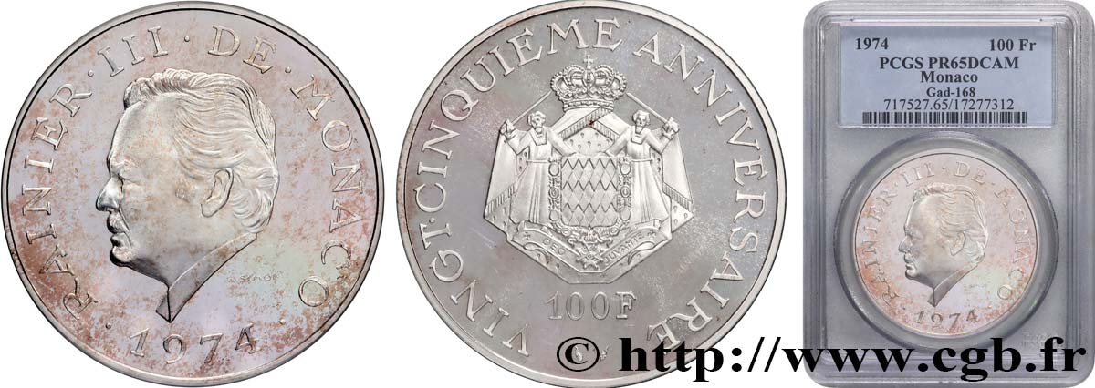 MONACO - FÜRSTENTUM MONACO - RAINIER III. 100 Francs Proof  1974 Paris ST65 PCGS
