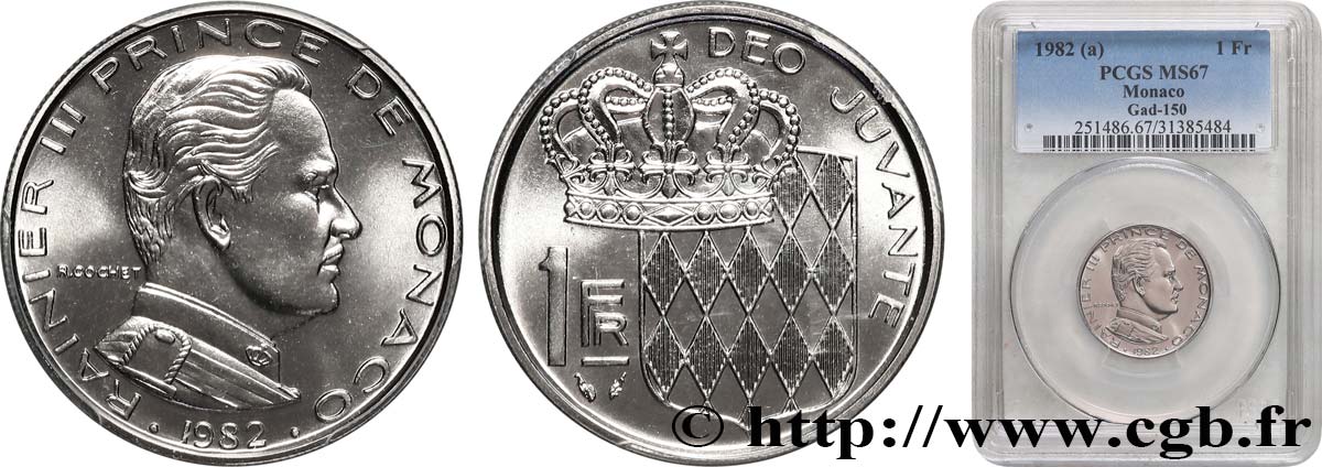 MONACO - PRINCIPALITY OF MONACO - RAINIER III 1 Franc  1982 Paris MS67 PCGS