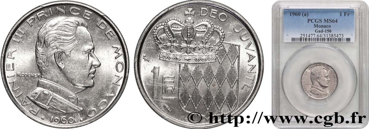 MONACO - PRINCIPAUTÉ DE MONACO - RAINIER III 1 Franc  1960 Paris SPL64 PCGS