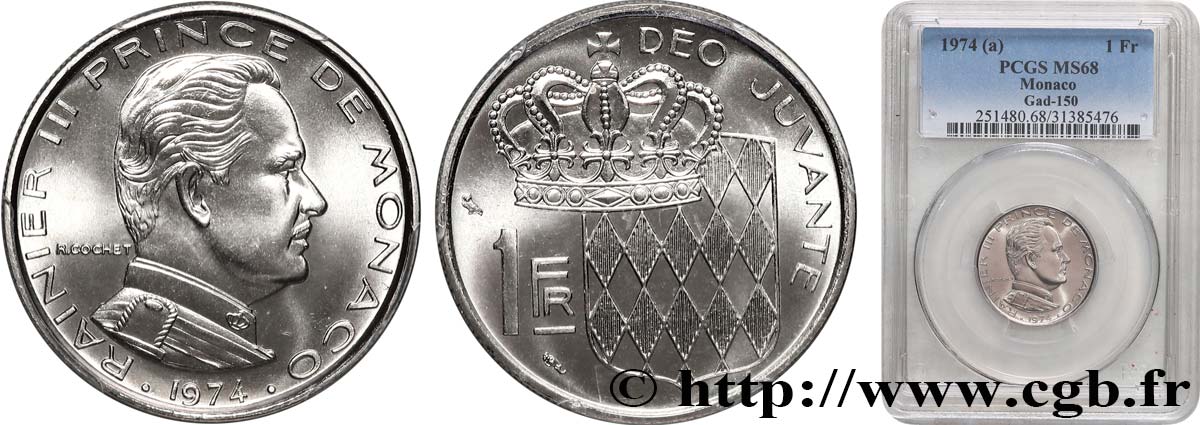 MONACO - PRINCIPAUTÉ DE MONACO - RAINIER III 1 Franc 1974 Paris FDC68 PCGS