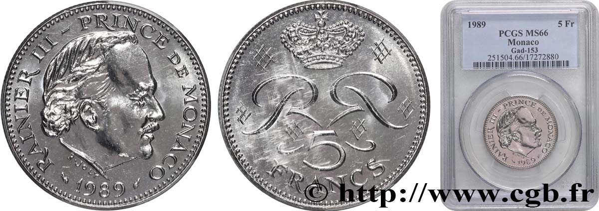 MONACO - PRINCIPALITY OF MONACO - RAINIER III 5 Francs  1989 Paris MS66 PCGS