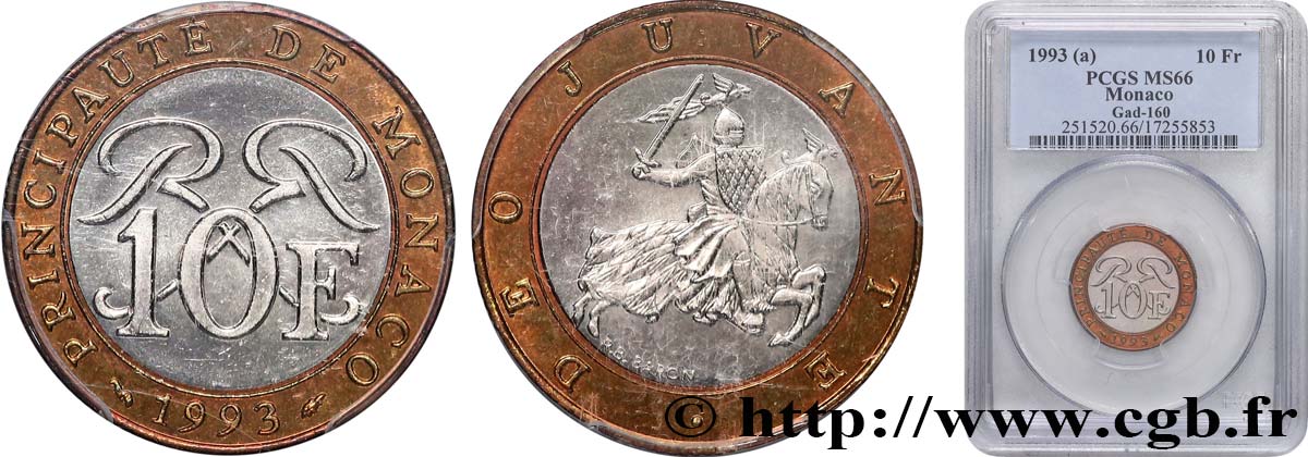 MONACO - FÜRSTENTUM MONACO - RAINIER III. 10 Francs  1993 Paris ST66 PCGS