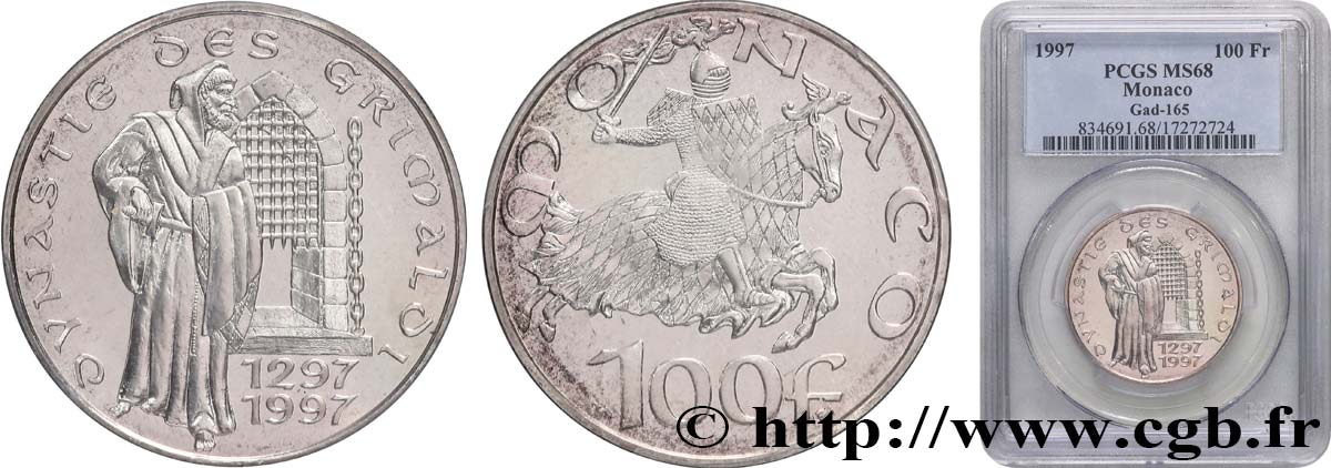 MONACO - PRINCIPAUTÉ DE MONACO - RAINIER III 100 Francs 700e anniversaire de la dynastie des Grimaldi 1997 Paris FDC68 PCGS