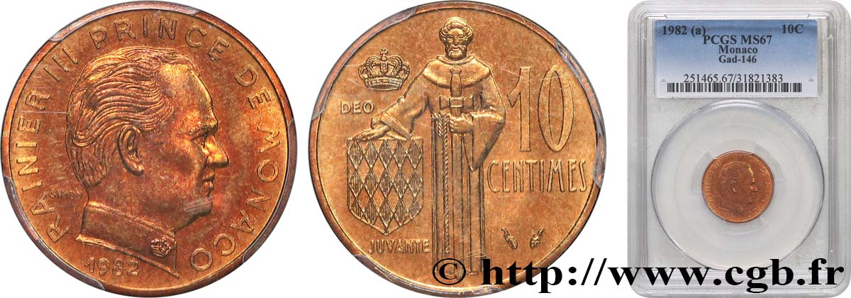 MONACO - PRINCIPAUTÉ DE MONACO - RAINIER III 10 Centimes  1982 Paris FDC67 PCGS