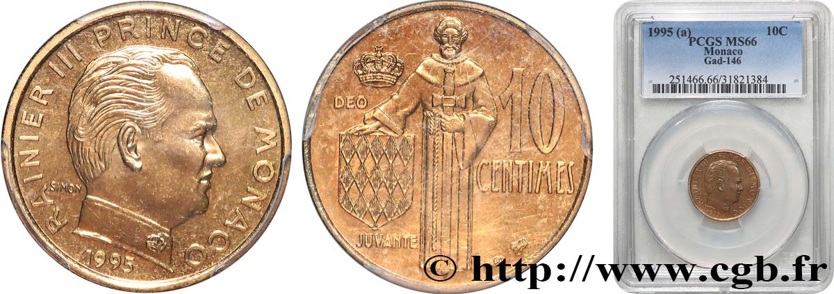 MONACO - PRINCIPALITY OF MONACO - RAINIER III 10 Centimes  1995 Paris MS66 PCGS