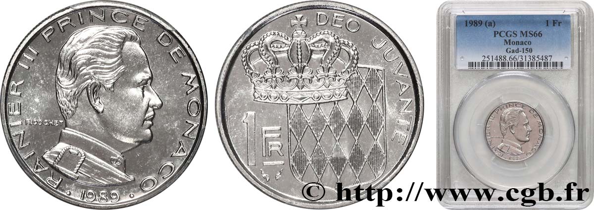 MONACO - PRINCIPAUTÉ DE MONACO - RAINIER III 1 Franc  1989 Paris FDC66 PCGS
