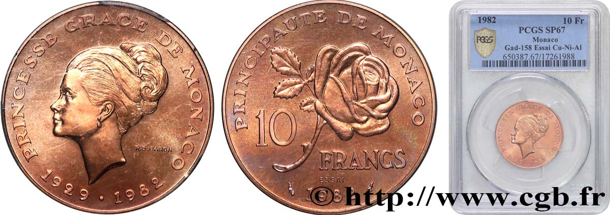 MONACO - PRINCIPAUTÉ DE MONACO - RAINIER III Essai de 10 Francs princesse Grace de Monaco 1982 Paris FDC67 PCGS