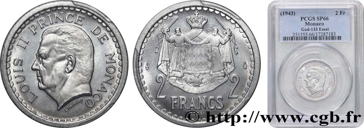 MONACO - PRINCIPAUTÉ DE MONACO - LOUIS II Essai de 2 Francs aluminium  (1943) Paris FDC66 PCGS