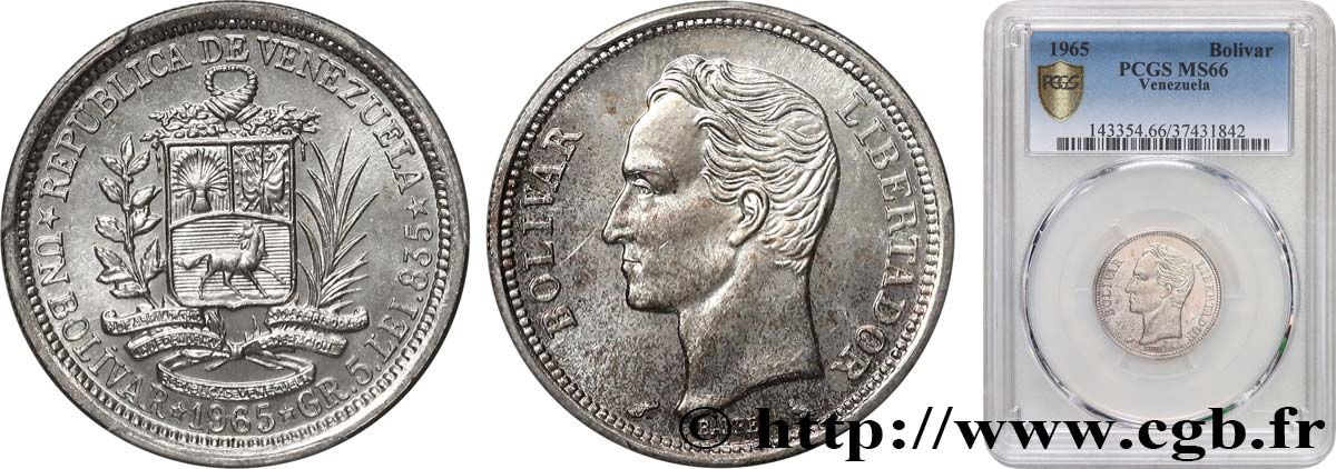 VENEZUELA 1 Bolivar 1965 Paris FDC66 PCGS