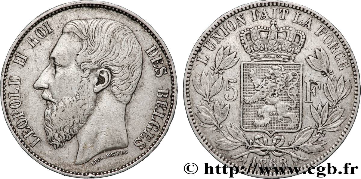 BELGIUM - KINGDOM OF BELGIUM - LEOPOLD II 5 Francs, signature le long du cou 1868  XF 