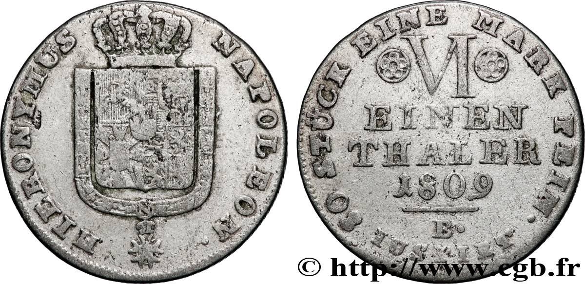 GERMANY - KINGDOM OF WESTPHALIA 1/6 de Thaler 1809 Brunswick VF 