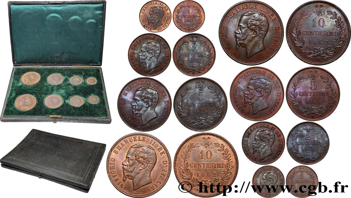 ITALIE - ROYAUME D&nbsp;ITALIE - VICTOR-EMMANUEL II Coffret de présentation de 8 monnaies (10, 5, 2 et 1 centesimi) 1861-1862 Milan SPL 