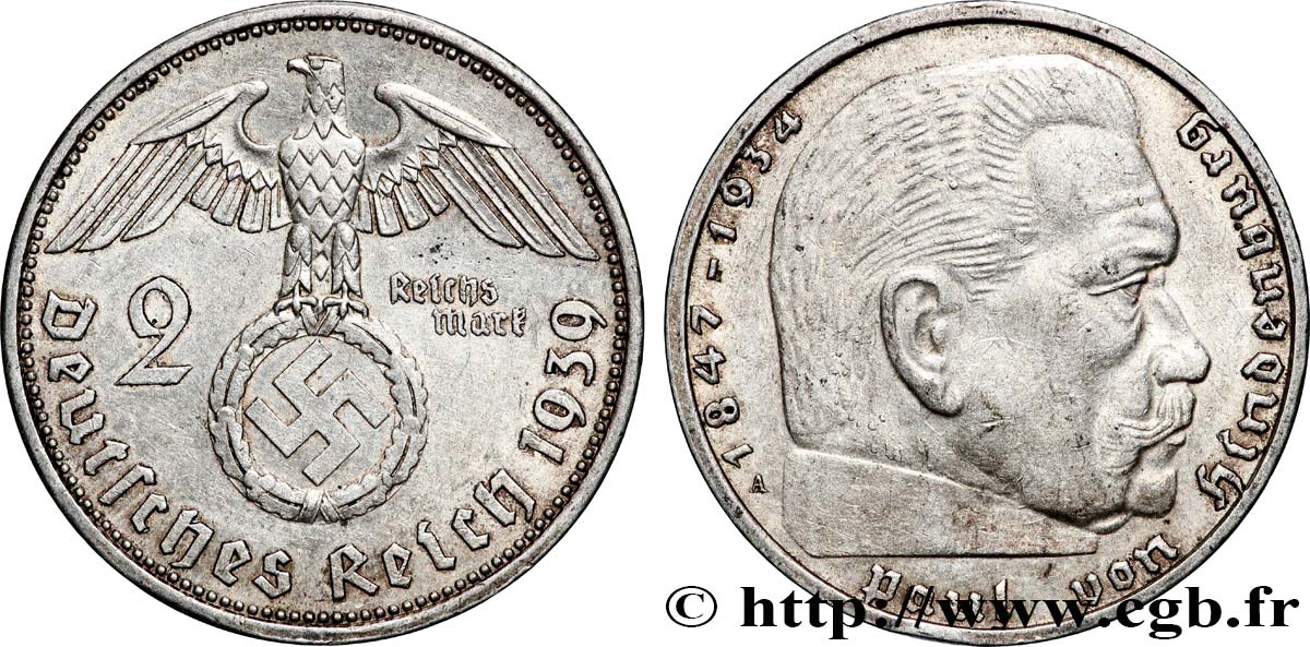 ALLEMAGNE 2 Reichsmark Maréchal Paul von Hindenburg 1939 Berlin TTB+ 