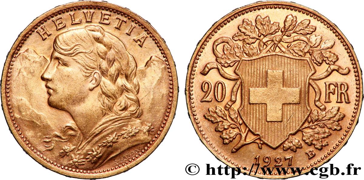 GOLD, PALLADIUM & PLATINUM INVESTMENT 20 Francs or &nbsp;Vreneli&nbsp; 1927 Berne AU 