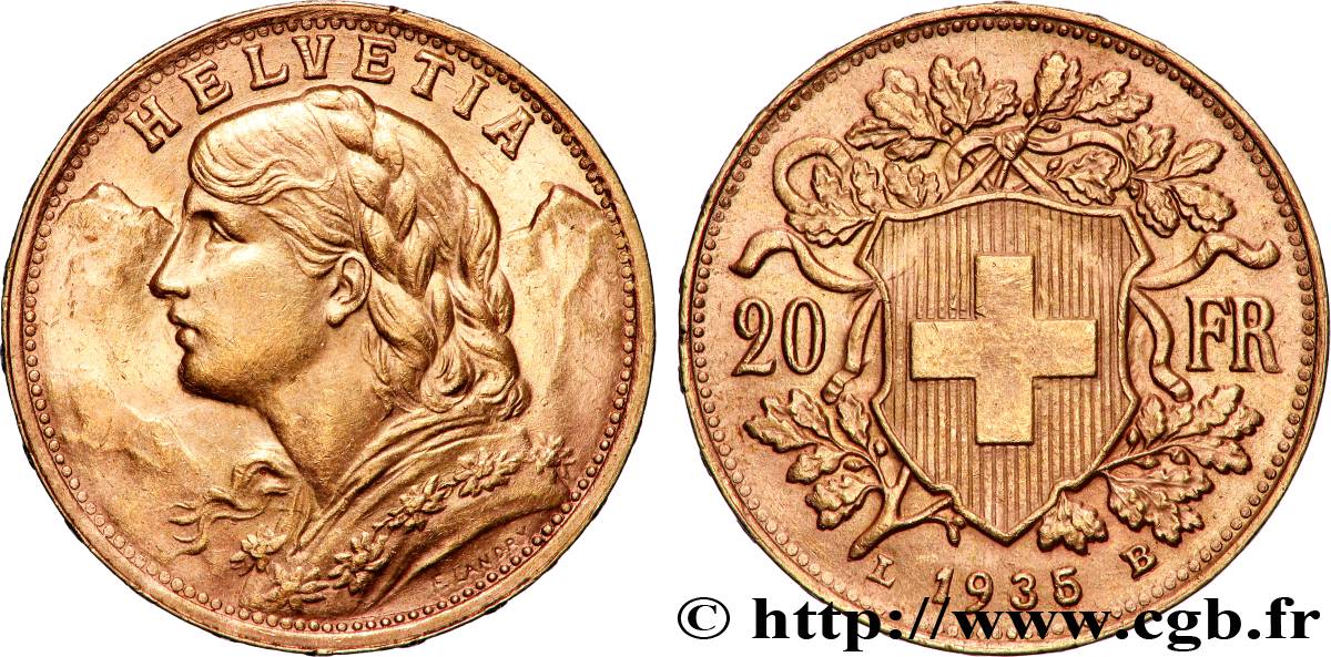 GOLD, PALLADIUM & PLATINUM INVESTMENT 20 Francs  Vreneli  1935 Berne AU 