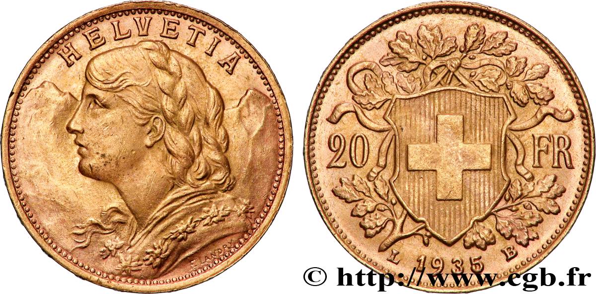 GOLD, PALLADIUM & PLATINUM INVESTMENT 20 Francs  Vreneli  1935 Berne AU 