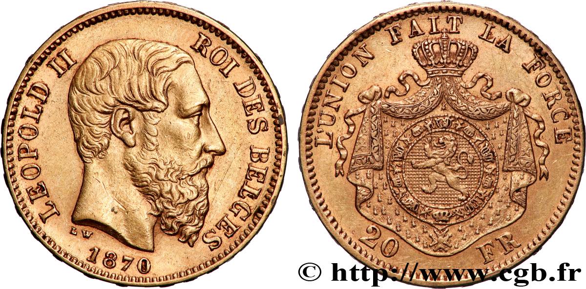 OR, PALLADIUM ET PLATINE INVESTISSEMENT 20 Francs Léopold II 1870 Bruxelles TTB+ 