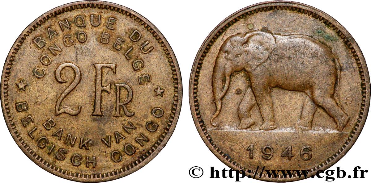 BELGIAN CONGO 2 Francs éléphant 1946 Bruxelles XF 