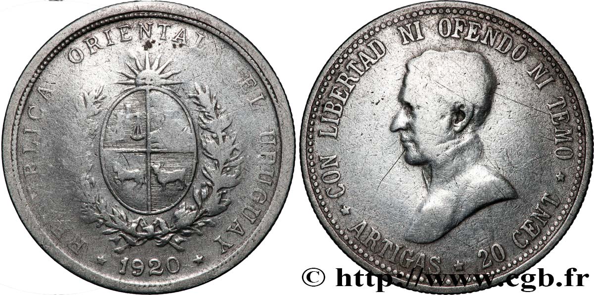 URUGUAY 20 Centesimos Gaucho Jose Gervasio Artigas 1920 Santiago du Chili TB 