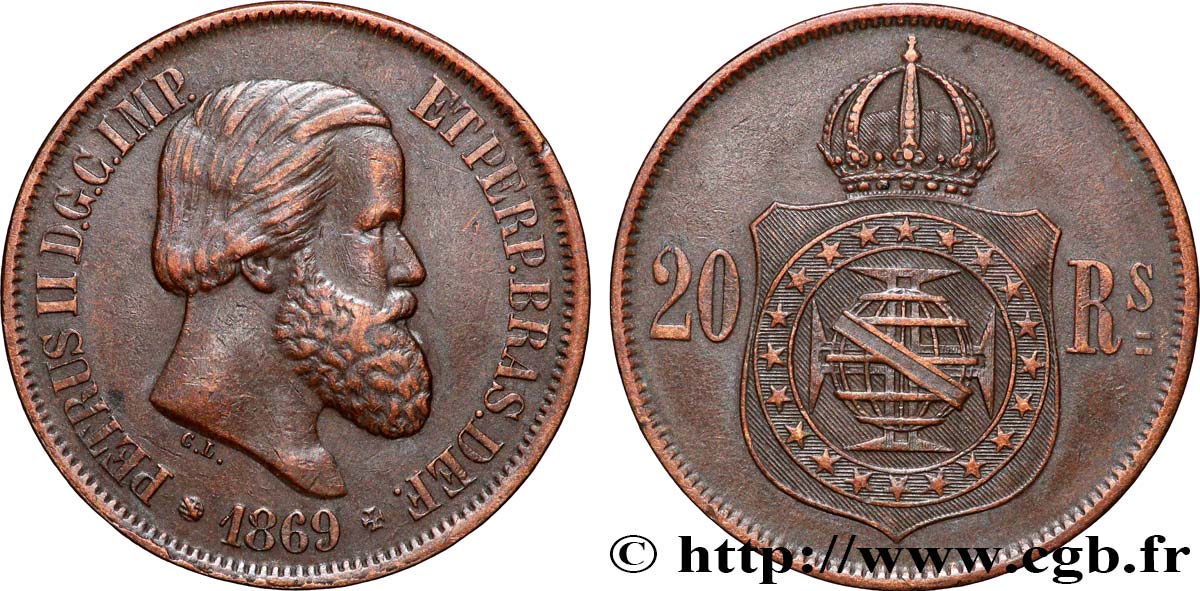 BRASILIEN 20 Réis Pierre II 1869 Rio de Janeiro fVZ 