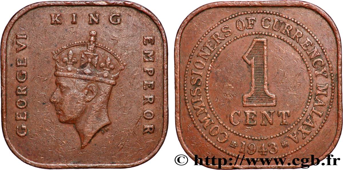 MALAISIE 1 Cent Commission Monétaire de Malaisie Georges VI 1943 Londres TTB 