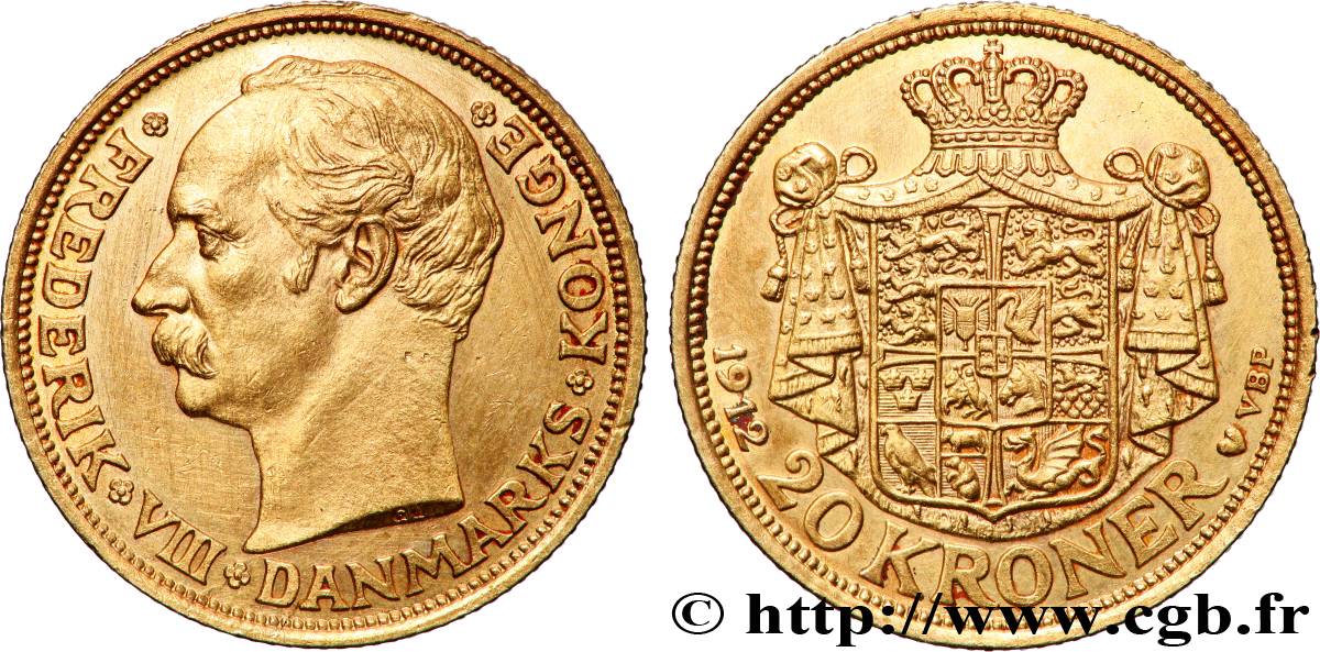 DANEMARK 20 Kroner Frédéric VIII 1912 Copenhague TTB+ 