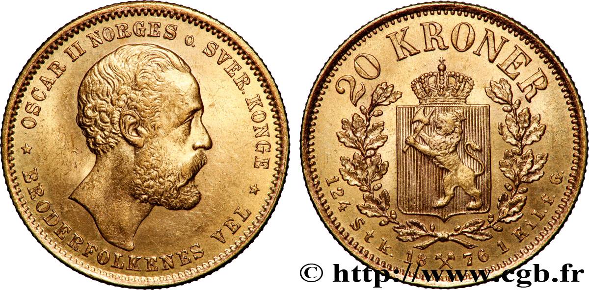 NORVÈGE 20 Kroner Oscar II 2e type 1876 Kongsberg SUP 