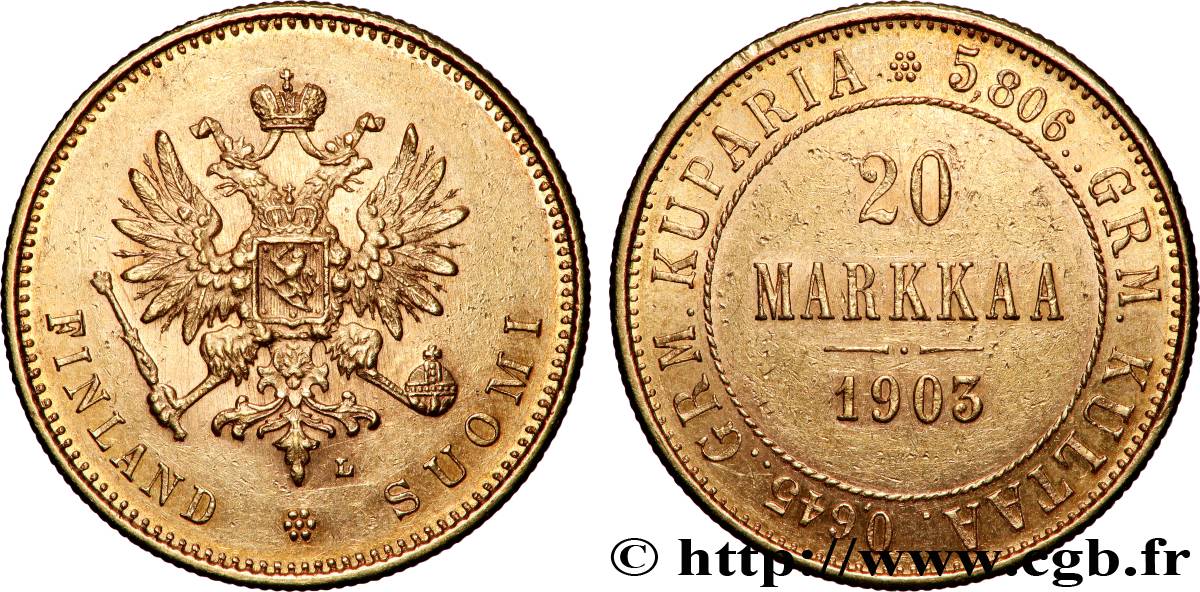 FINLANDE - GRAND-DUCHÉ - NICOLAS II 20 Markkaa - administration Russe 1903 Helsinki TTB+ 