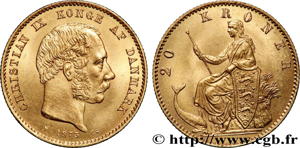 DENMARK 20 Kroner or Christian IX 1873 Copenhague AU 