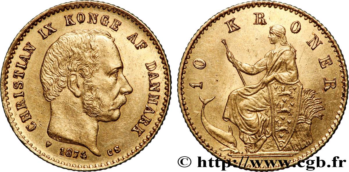 DANEMARK 10 Kroner Christian IX 1874 Copenhague SUP 