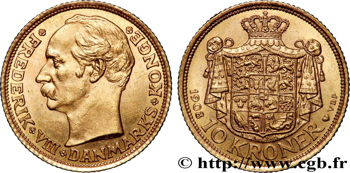 DANEMARK 10 Kroner Frédéric VIII 1908 Copenhague SUP 