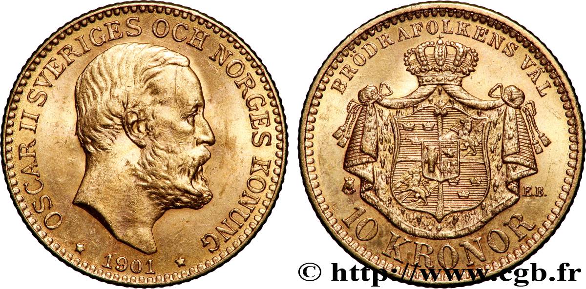 SUÈDE - ROYAUME DE SUÈDE - OSCAR II 10 Kronor  1901 Stockholm SUP 