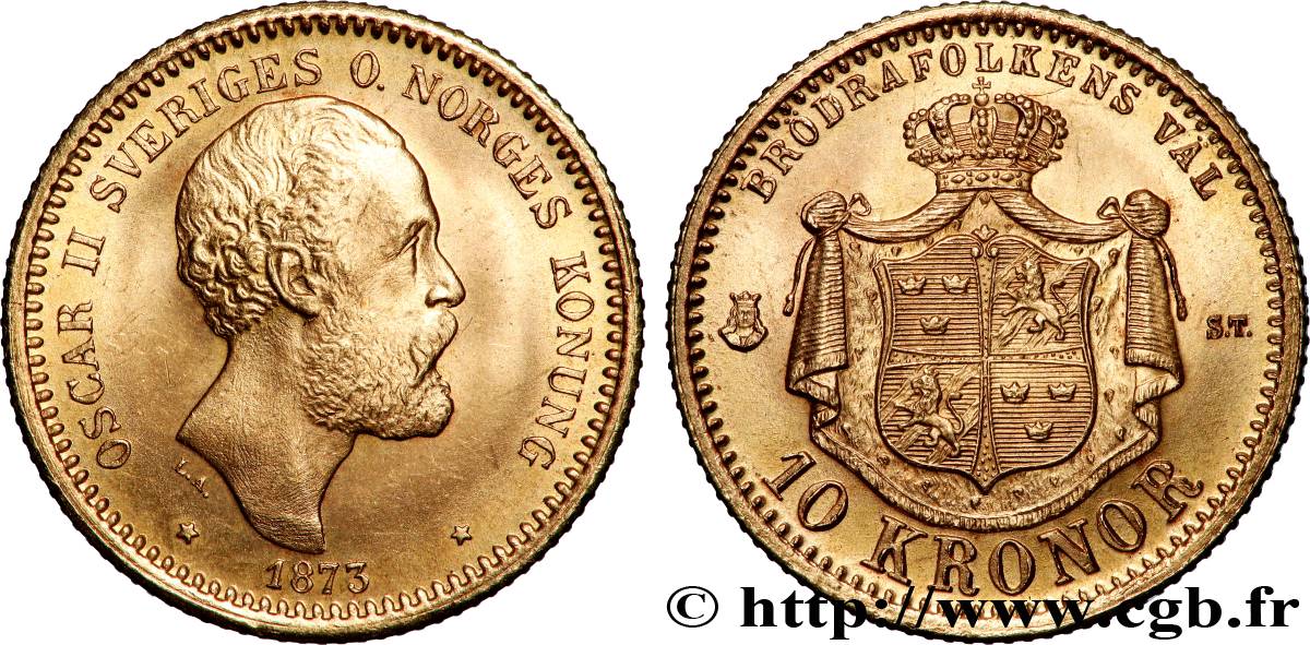 SUÈDE - ROYAUME DE SUÈDE - OSCAR II 10 Kronor, 1er type 1873 Kungsholmen SUP 