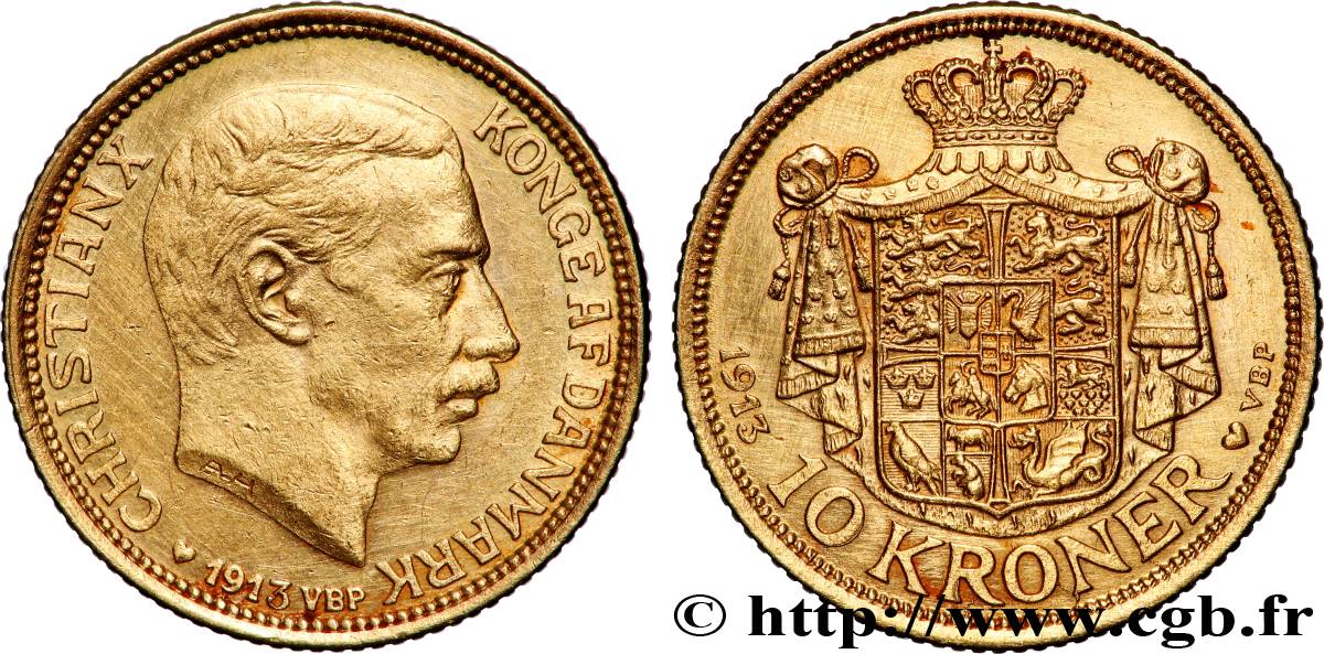 DANEMARK 10 Kroner Christian IX 1913 Copenhague TTB+ 