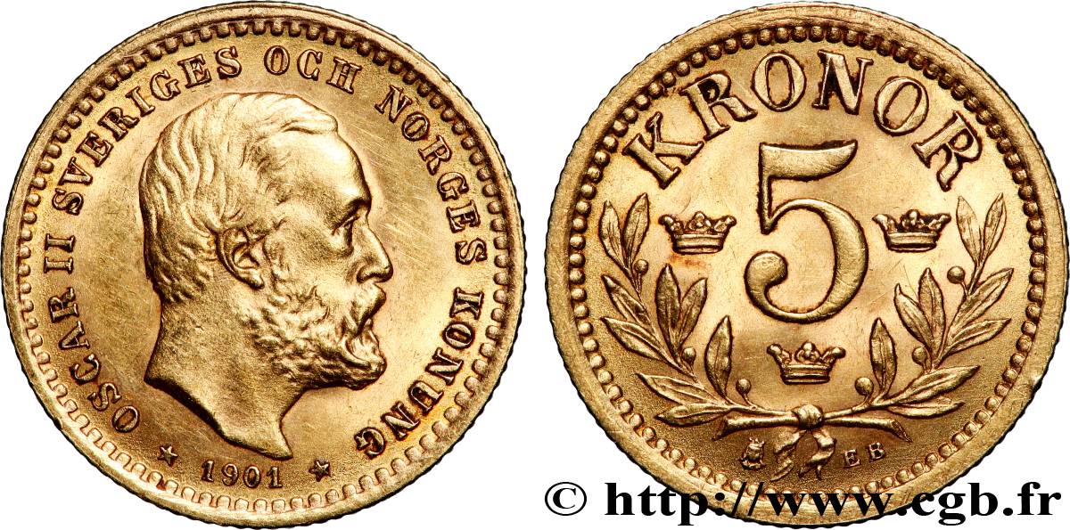SUÈDE 5 Kronor Oscar II 1901 Kungsholmen SUP 