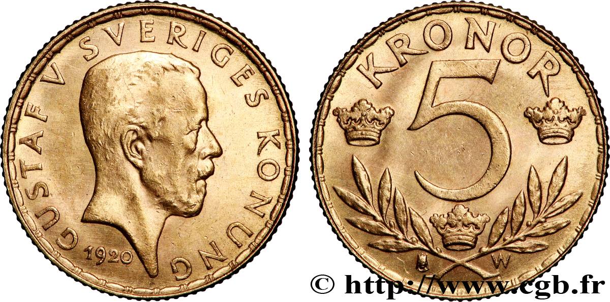 SUÈDE 5 Kronor Gustave V 1920 Kungsholmen TTB+ 