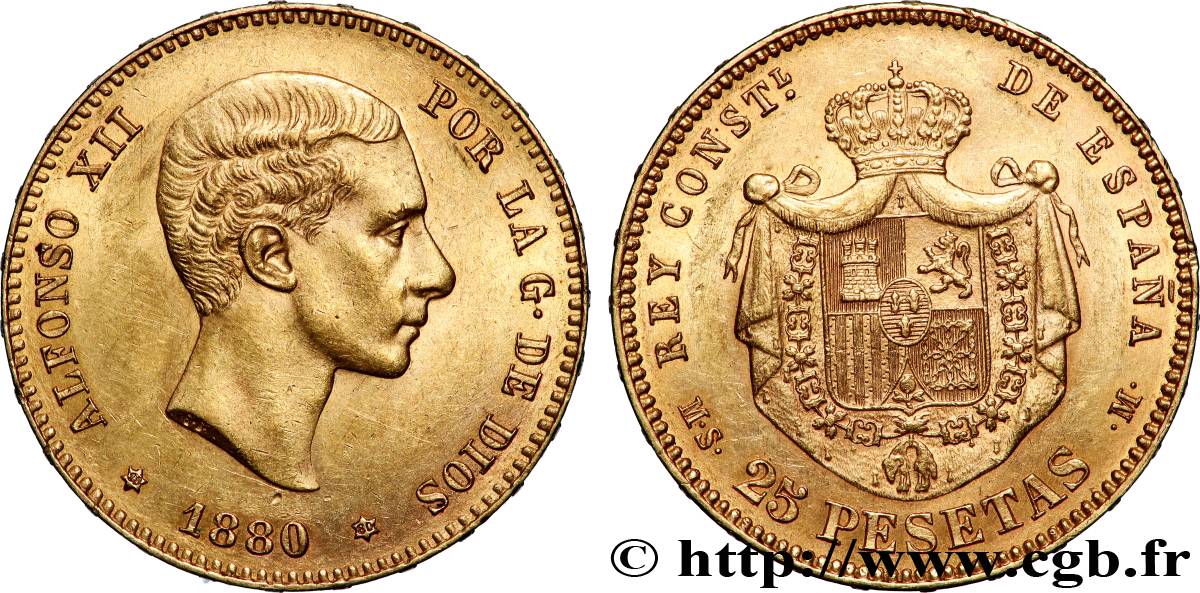ESPAGNE - ROYAUME D ESPAGNE - ALPHONSE XII 25 Pesetas Alphonse XII 1880 Madrid VZ 