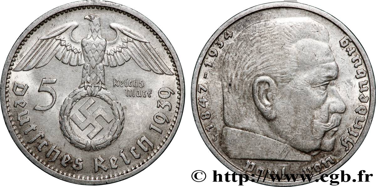ALLEMAGNE 5 Reichsmark Maréchal Paul von Hindenburg 1939 Hambourg  TTB+ 