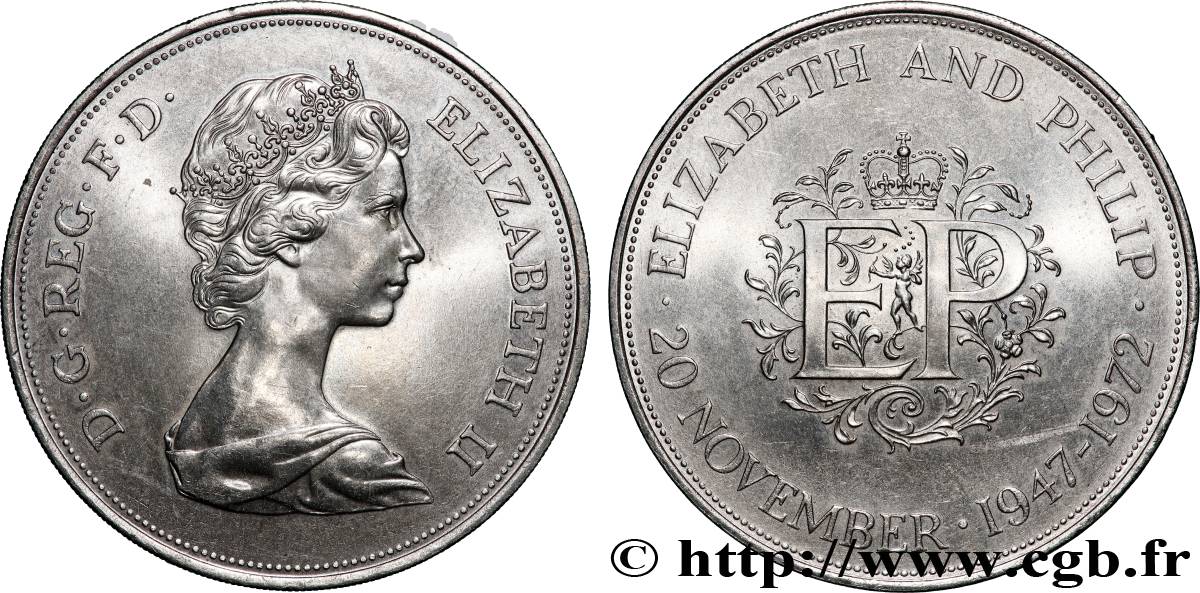 ROYAUME-UNI 25 New Pence (1 Crown) 25e anniversaire de mariage d’Elisabeth II 1972 Londres SUP 