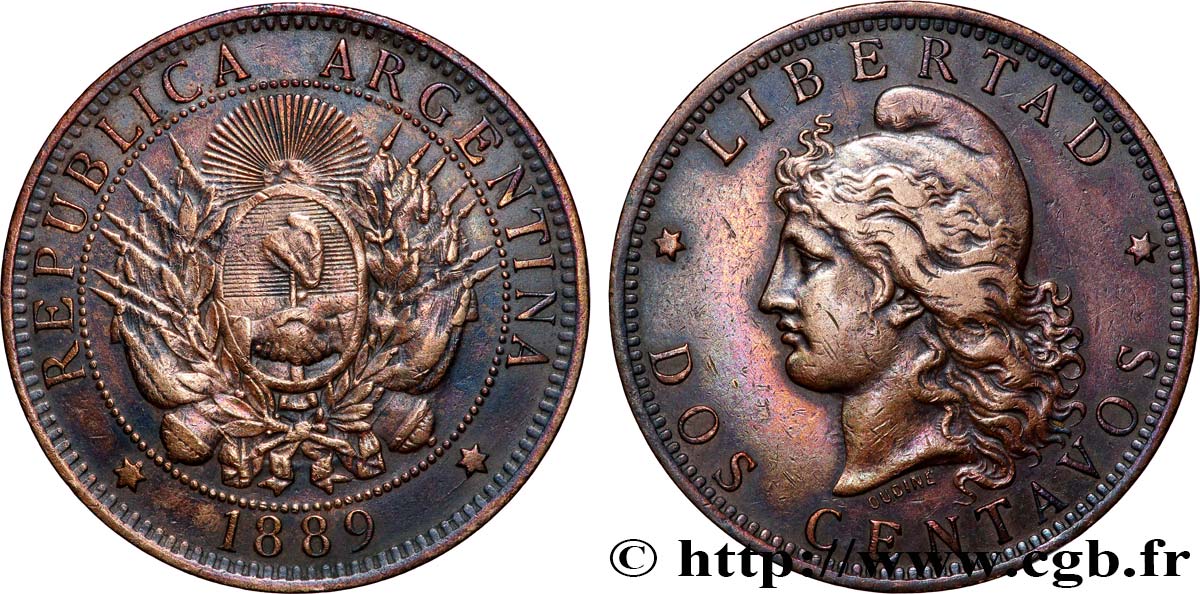ARGENTINIEN 2 Centavos emblème / “Liberté” 1889  fSS 
