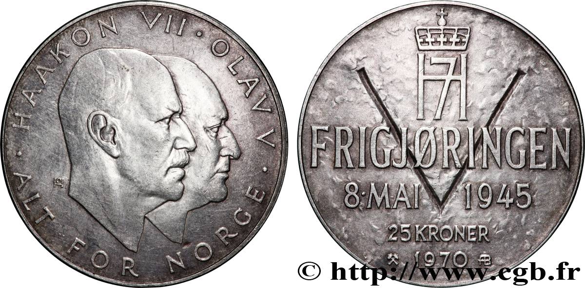 NORVÈGE 25 Kroner 25e anniversaire de la Libération 1970 Kongsberg SUP 