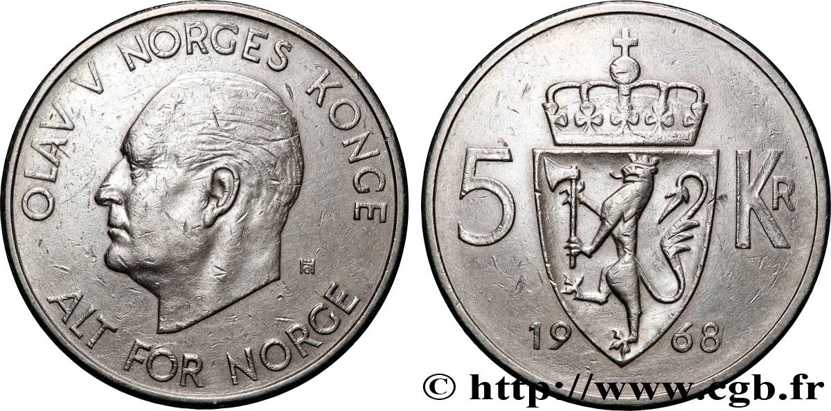 NORUEGA 5 Kroner roi Olaf V 1968 Konsberg MBC+ 