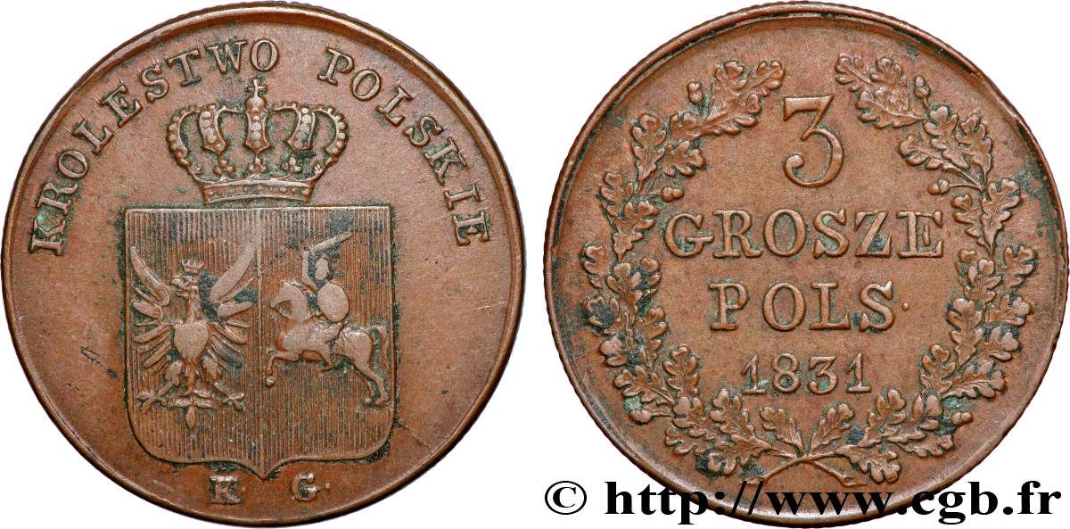POLOGNE 3 Grosze monnayage révolutionnaire 1831 Varsovie TTB 