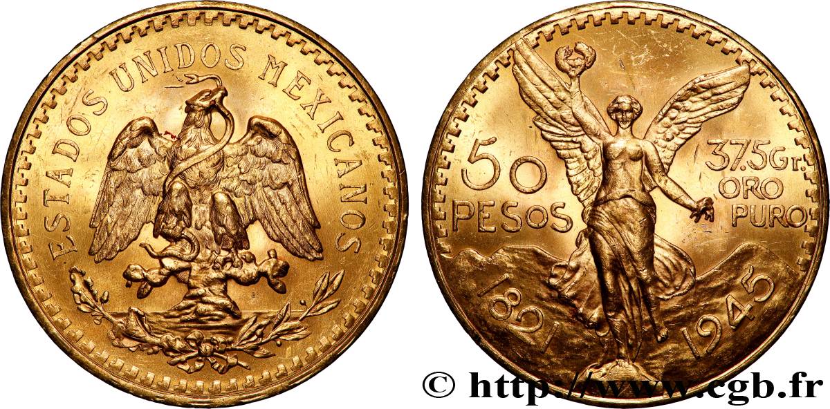 OR, PALLADIUM ET PLATINE INVESTISSEMENT 50 Pesos or 1945 Mexico SPL 